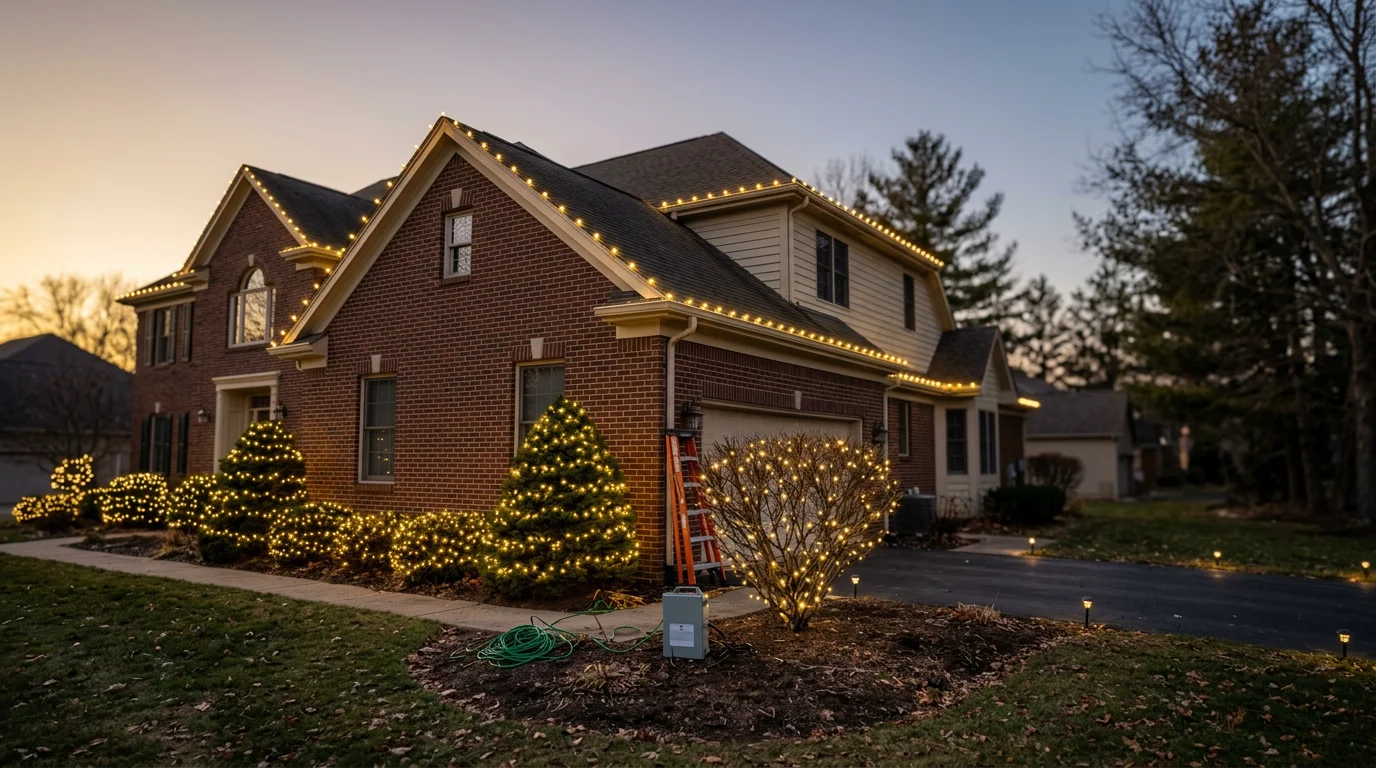 Professionally installed warm white holiday lights on a Grand Rapids home exterior at dusk