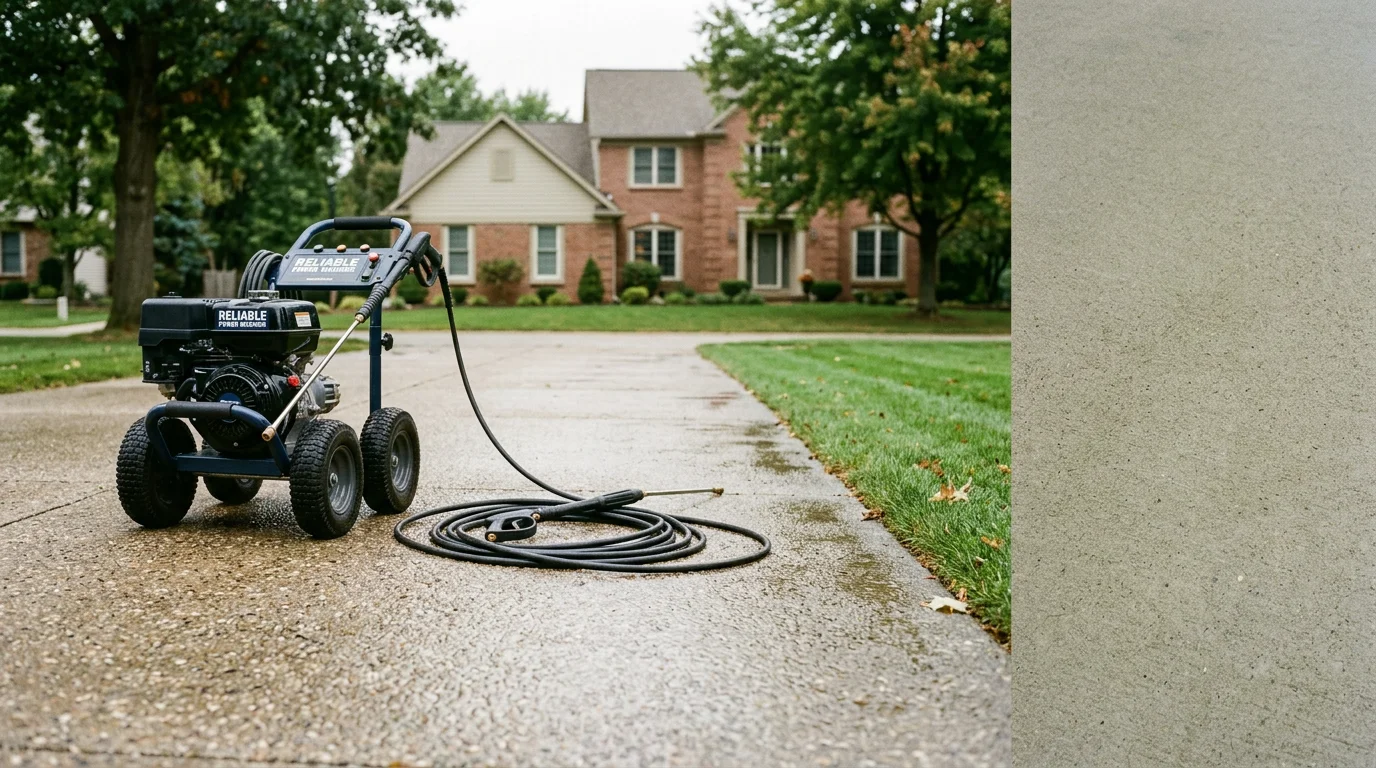 Professional pressure washing cleaning a residential driveway and patio