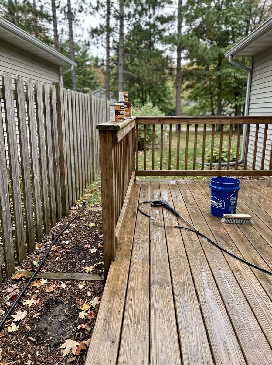 Pressure washing a wood deck and fence on a home in Clarksville, Michigan