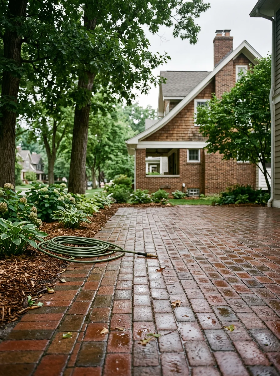 Pressure-washed patio in Grand Rapids neighborhood with mature trees and early 20th-century architecture
