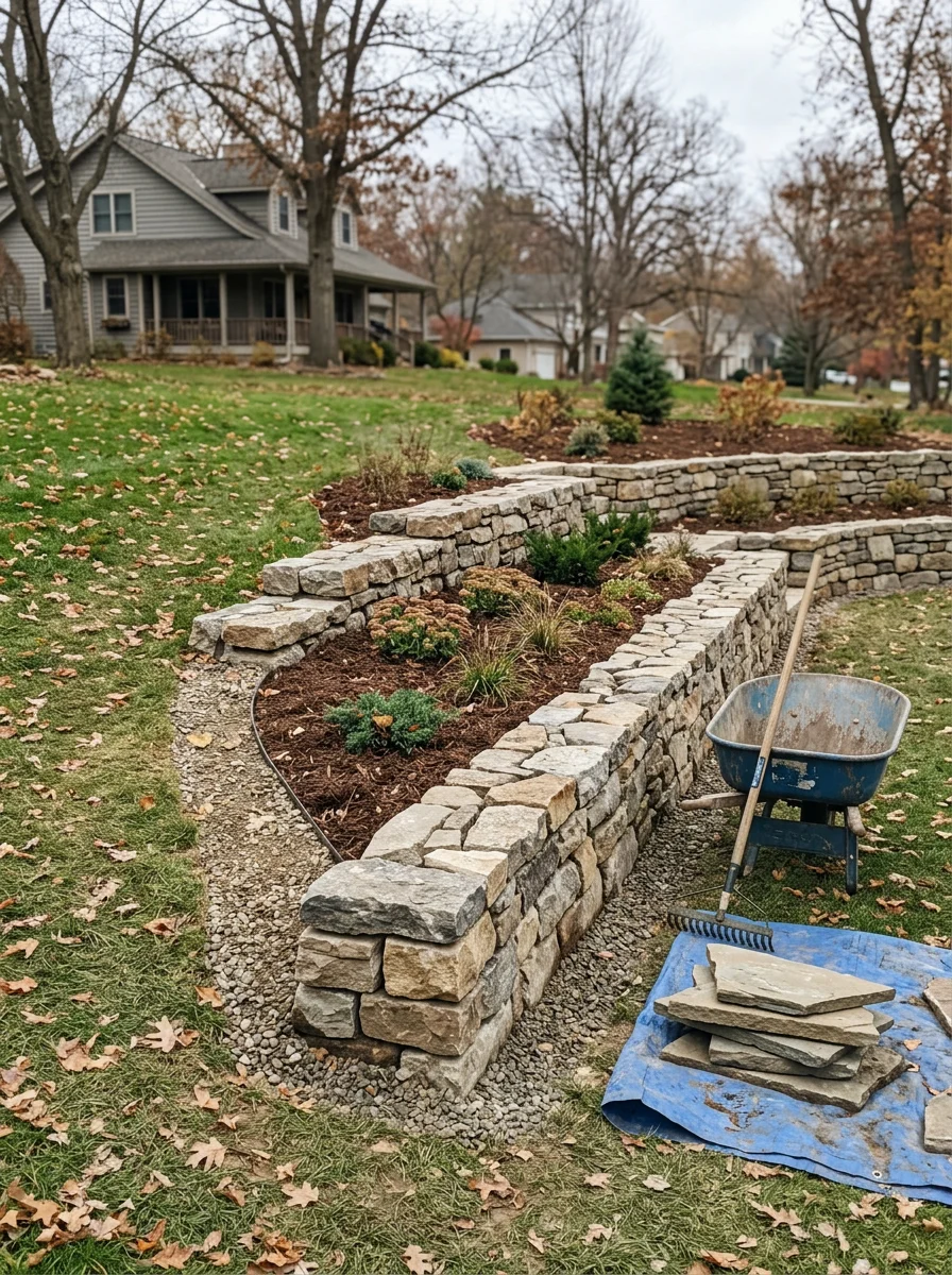 Stone retaining wall along a sloped residential yard in Rockford, Michigan