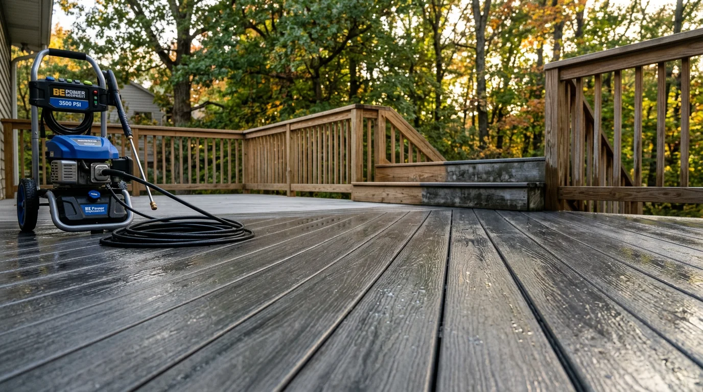A residential deck in Rockford, MI after professional pressure washing, showing clean boards with mold and algae removed from the surface and railings. The deck sits behind a single-family home with surrounding trees typical of West Michigan yards.
