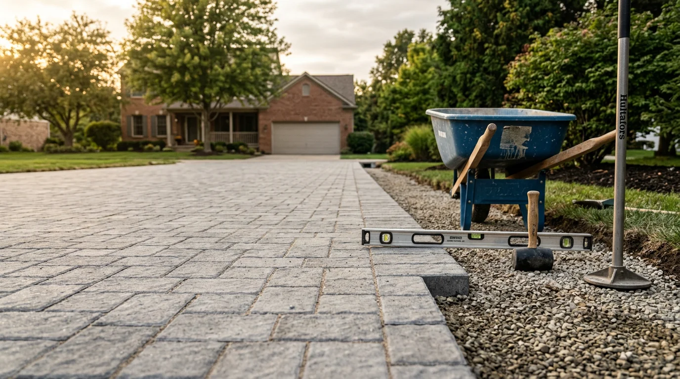 Newly installed hardscape driveway at a residential property in Rockford, MI, with clean edges and a smooth surface graded away from the home. The finished driveway runs from the street to an attached garage on a Kent County residential lot.