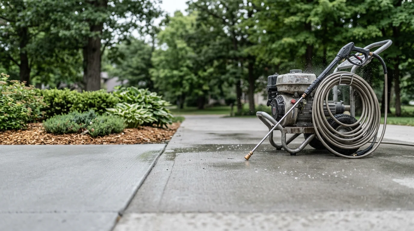 A concrete residential driveway in Rockford, MI shown after professional pressure washing, with clean, uniform gray concrete free of algae staining and road salt residue. Mature trees line the property edge in the background.