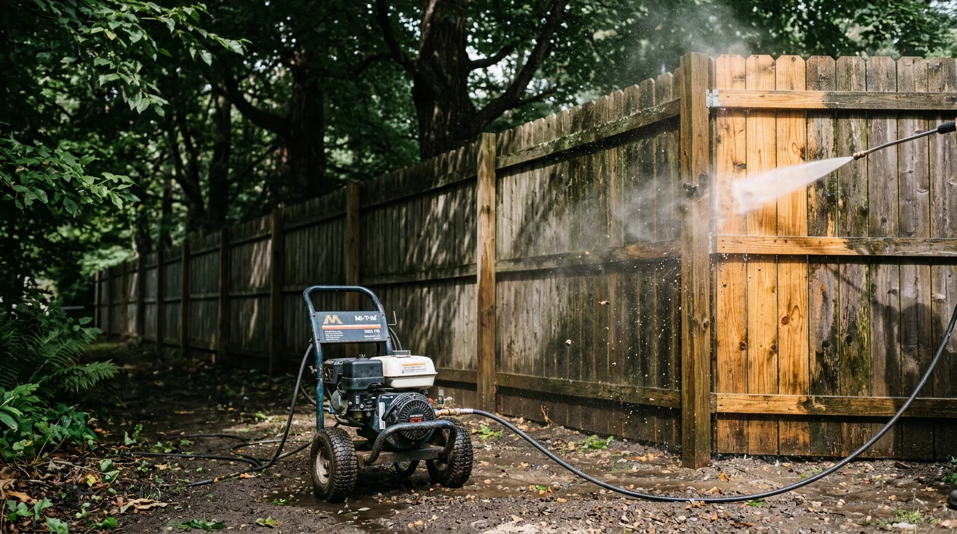 A wood privacy fence in a Rockford, MI residential backyard shown after pressure washing, with clean boards free of green algae and dark mold staining. The fence line runs along a shaded yard with mature trees visible in the background.