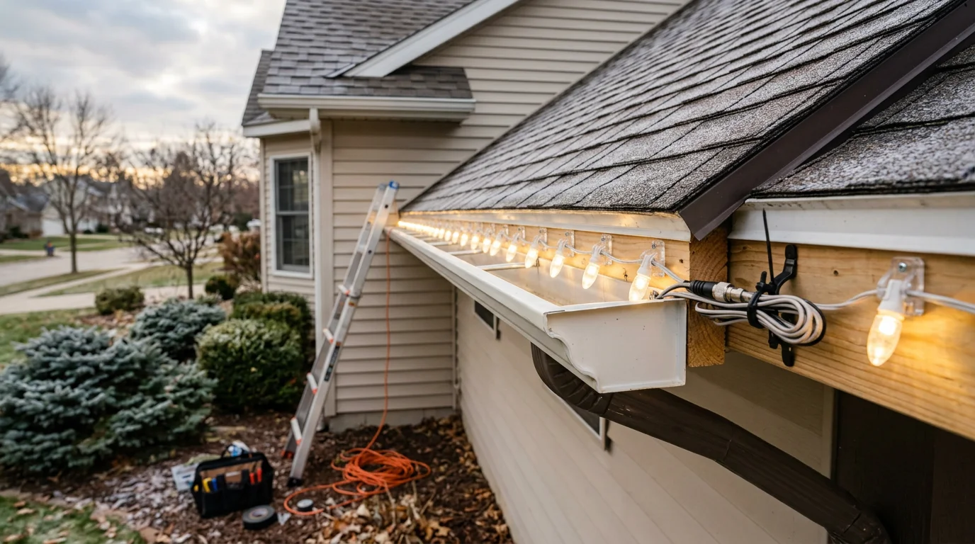 Professional holiday lighting installed along the roofline and fascia of a residential home in Rockford, MI, with snow on the ground and lights glowing against a winter evening sky. The display follows the home's architectural lines with clean, evenly spaced runs of lights across the front elevation.