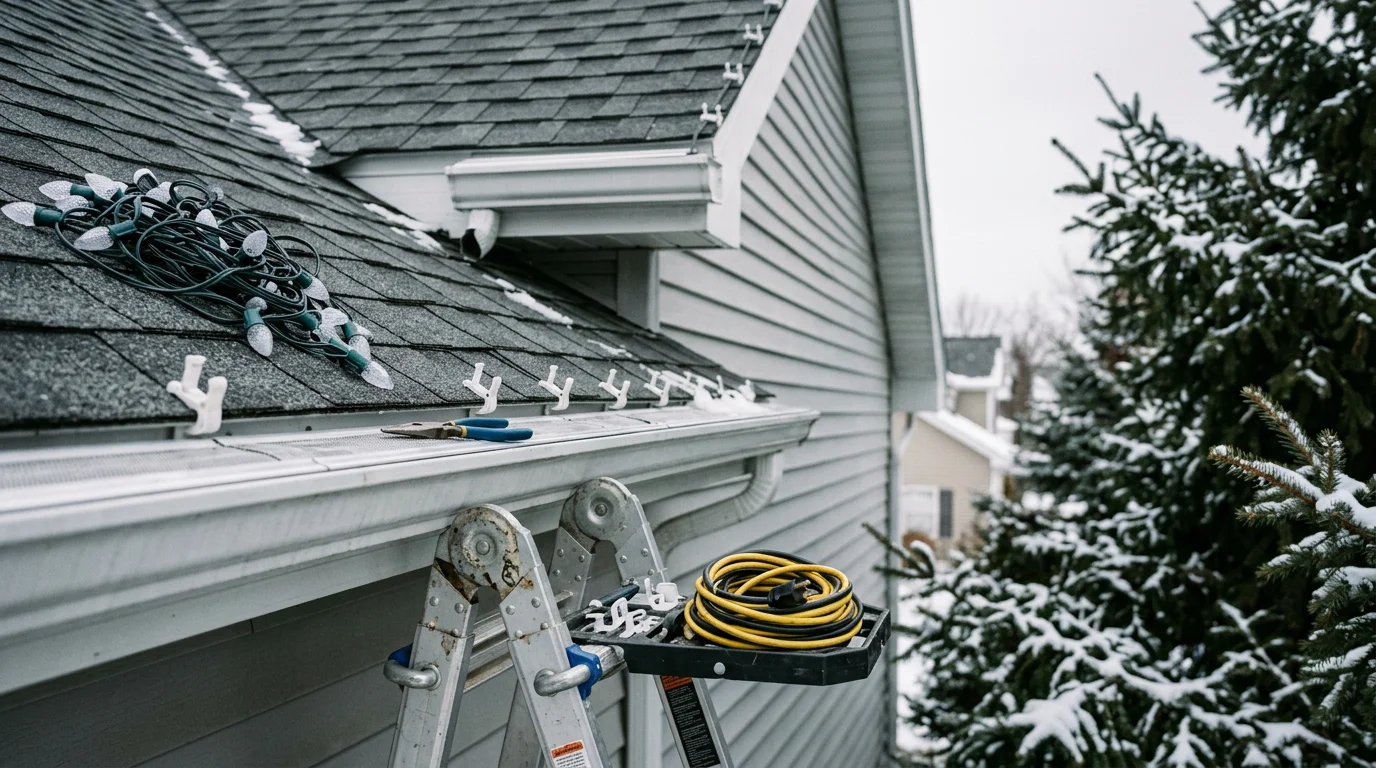 A West Michigan home in Rockford, MI with holiday lights fully removed from the roofline and gutters after the season, exterior left clean and undamaged. A crew member carefully coils light strands on the ground beside the home's front facade.