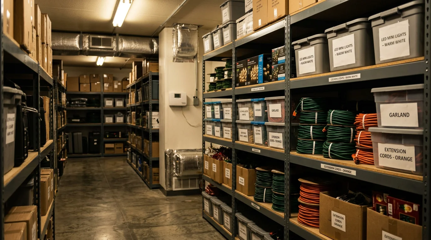 Neatly packed and labeled holiday lighting equipment ready for off-season storage at a residential property in Rockford, MI. Organized strands and accessories are prepared for safe keeping through West Michigan's winter and summer months.