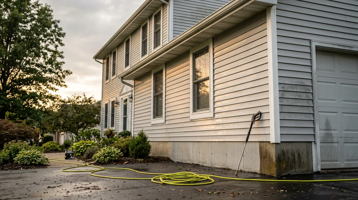 A Rockford, MI single-family home exterior being pressure washed, showing clean siding on the left side contrasted with algae-streaked siding on the right. A pressure washing wand is aimed at the dirty section of the home's front facade.