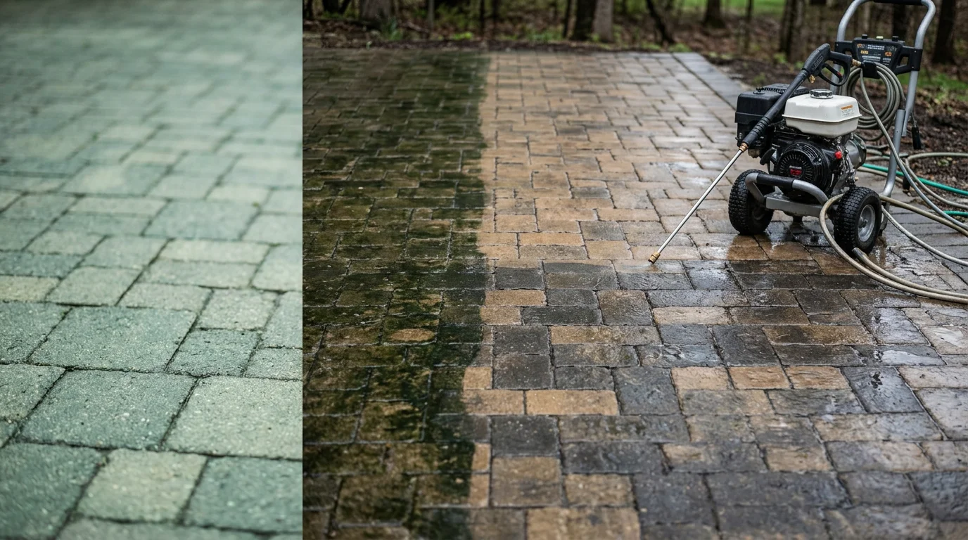 A concrete and paver patio in Rockford, MI shown after pressure washing, with clean, evenly colored surfaces free of algae and dark staining. The outdoor space is surrounded by a residential yard typical of northern Kent County.