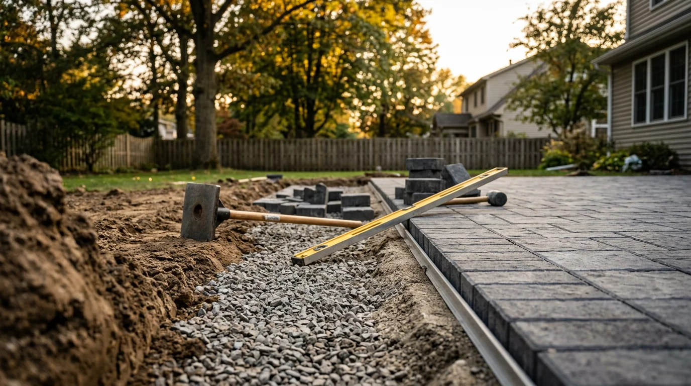 Completed paver patio installed by Edgewater Hardscape at a residential property in Grand Rapids, MI, showing a level interlocking paver surface with clean edge restraints and a drainage slope away from the home.
