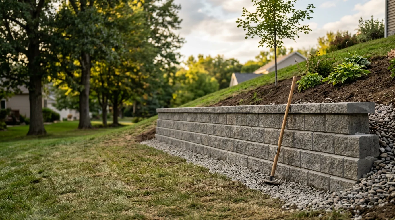 A newly installed hardscape retaining wall along a sloped residential backyard in Grand Rapids, MI, showing clean stacked masonry construction with level ground behind the wall.