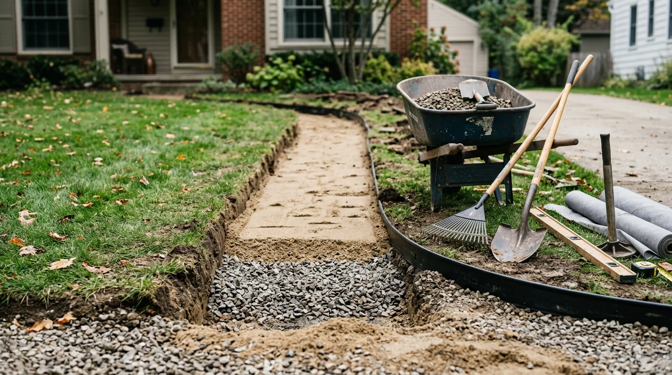 A freshly installed stone walkway leading from the driveway to the front entry of a single-family home in Rockford, MI, with clean edging and level surface. The surrounding lawn shows proper grading away from the path with no pooling or displaced base material.